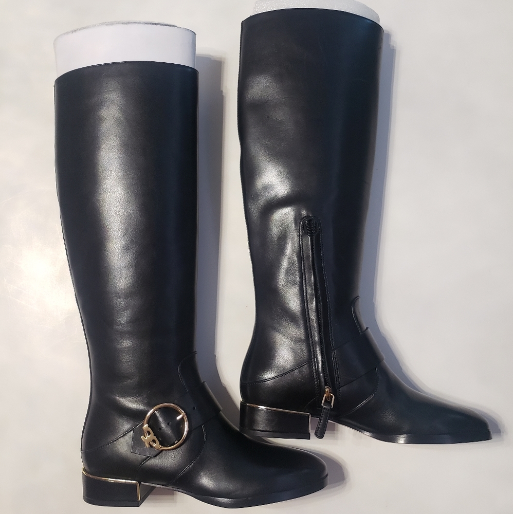 Tory Burch Black & Gold Leather Riding Boots 6.5M